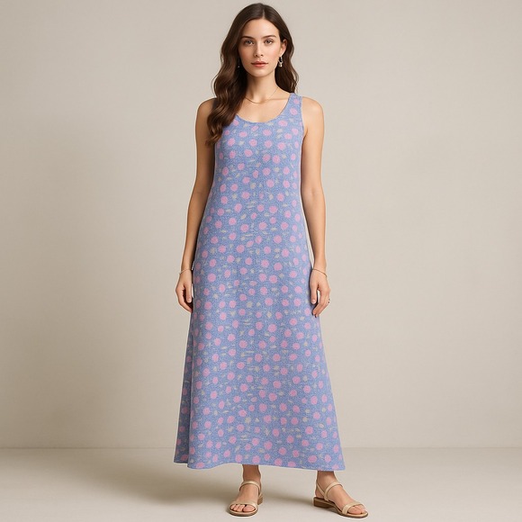 Sigrid Olsen Sport Maxi Dress Womens 2X Blue Geometric Floral Funky Retro Modest - Picture 1 of 15